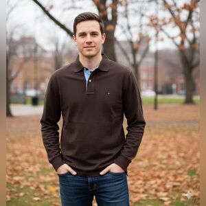 Tommy Hilfiger Polo Rugby Shirt Brown Long Sleeve Collar Business Casual Preppy